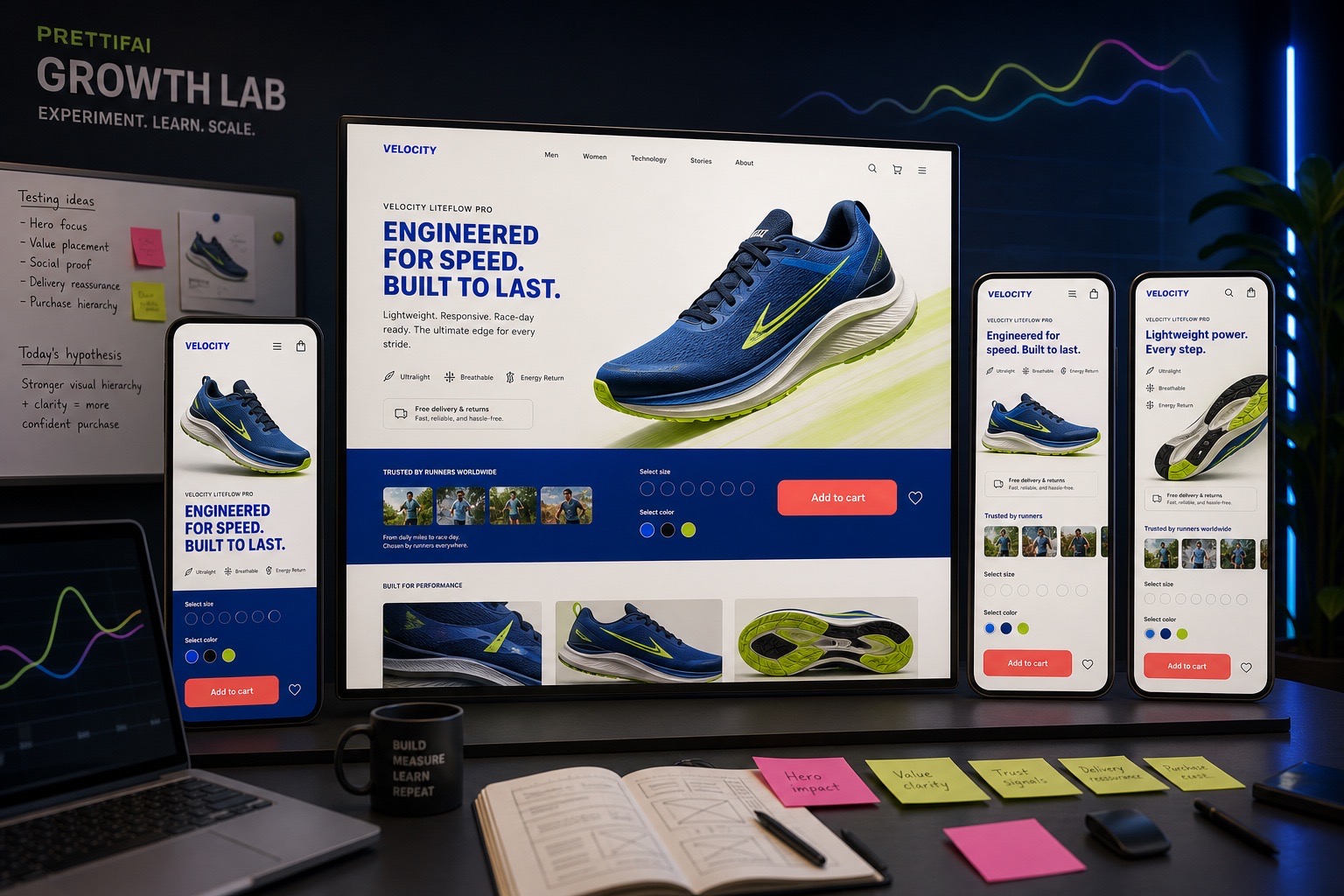 Storefront variations moving through a continuous observation, test, and learning loop