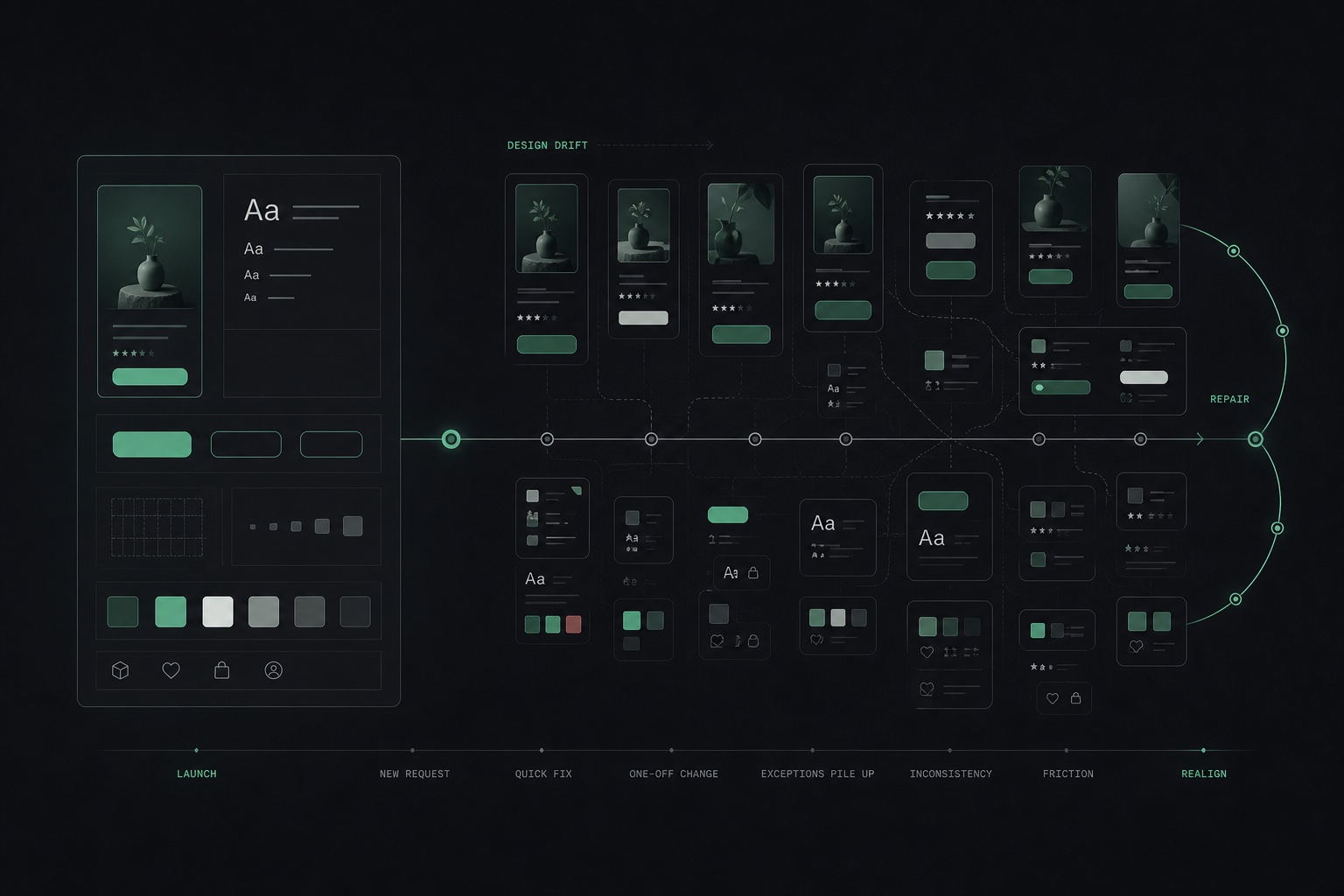A coherent website design system gradually fragmenting into inconsistent components