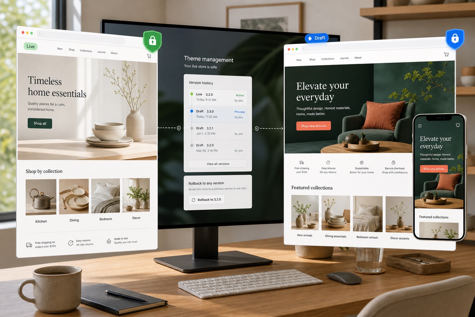 A locked live home-goods store beside a separate redesigned draft with version history and rollback
