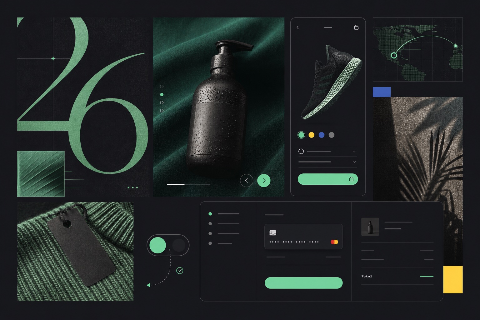 An editorial collage of ecommerce typography, tactile imagery, mobile commerce, motion, and checkout
