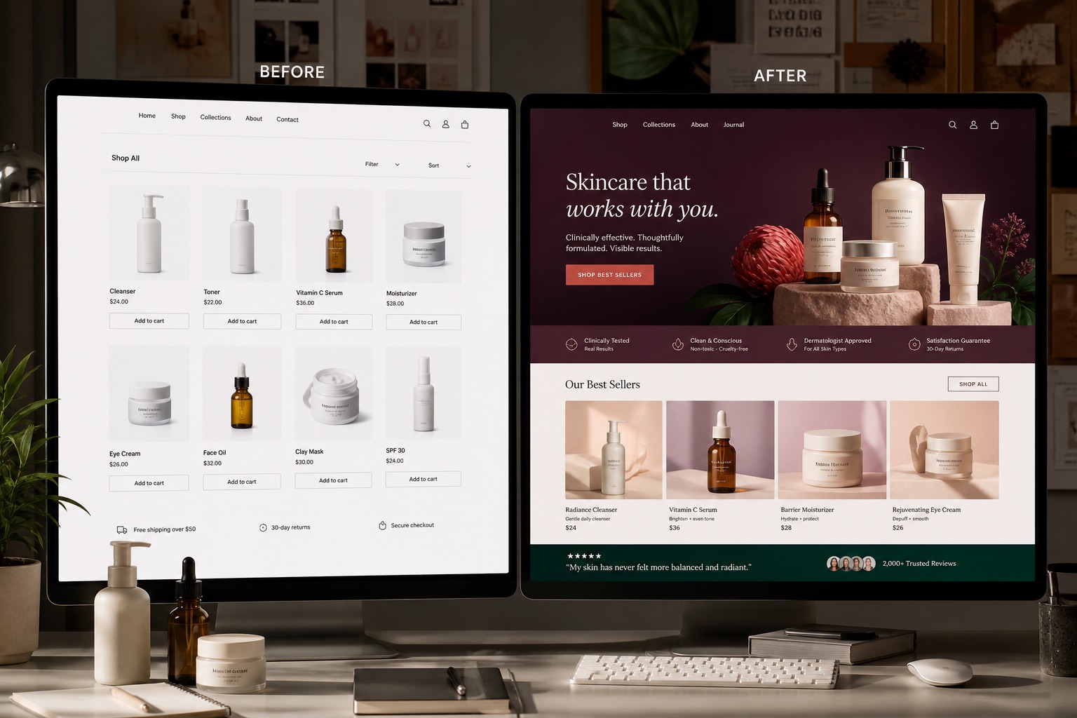 The same skincare products presented in a generic storefront and a distinctive premium redesign