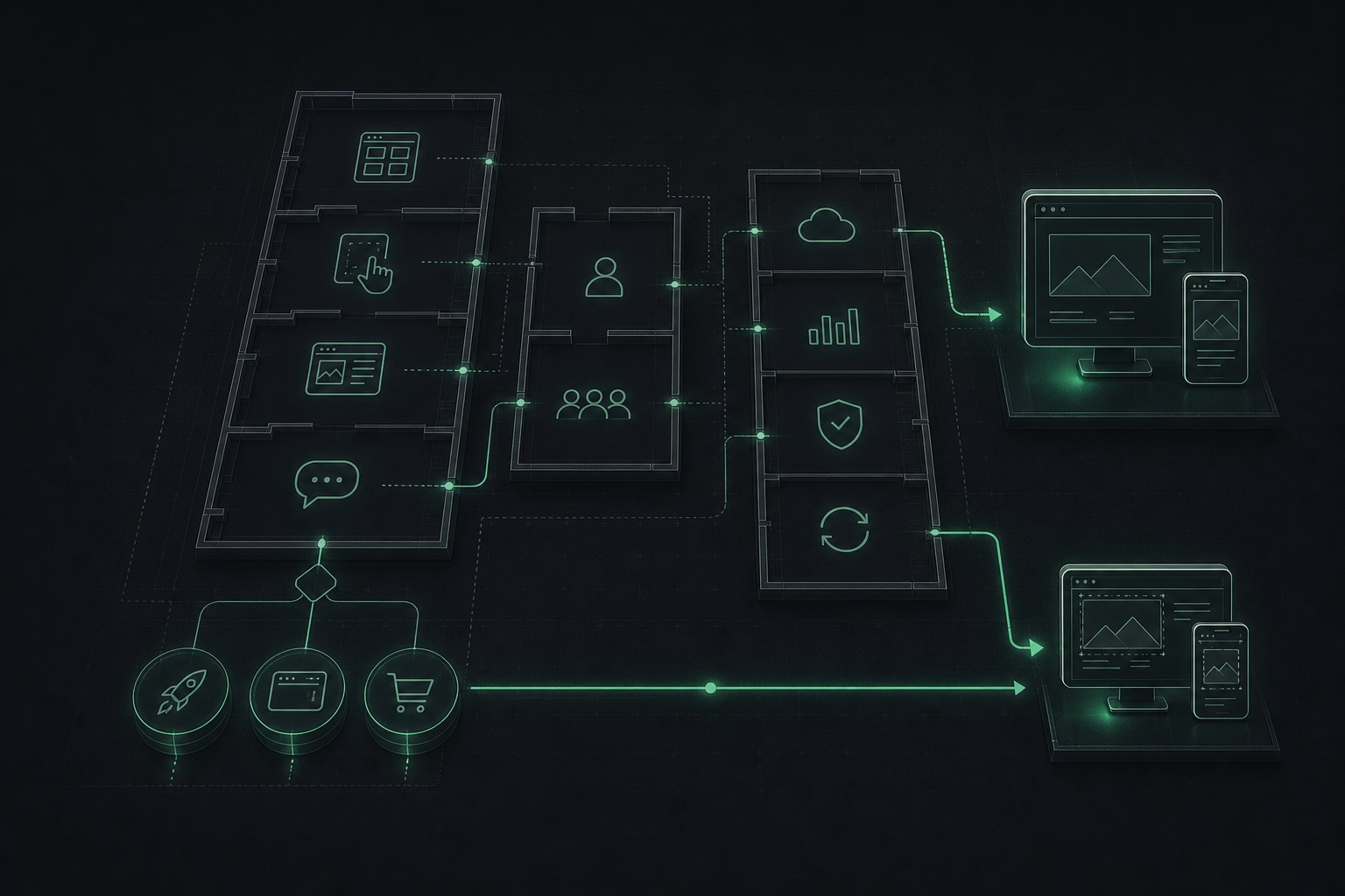 A website blueprint connecting templates, visual builders, AI, professionals, hosting, and testing