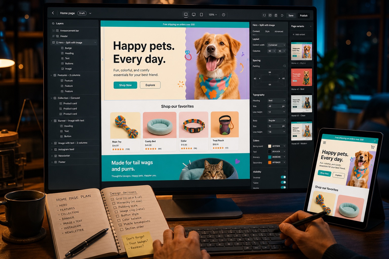 A merchant managing many layout decisions for a colorful pet-accessories storefront