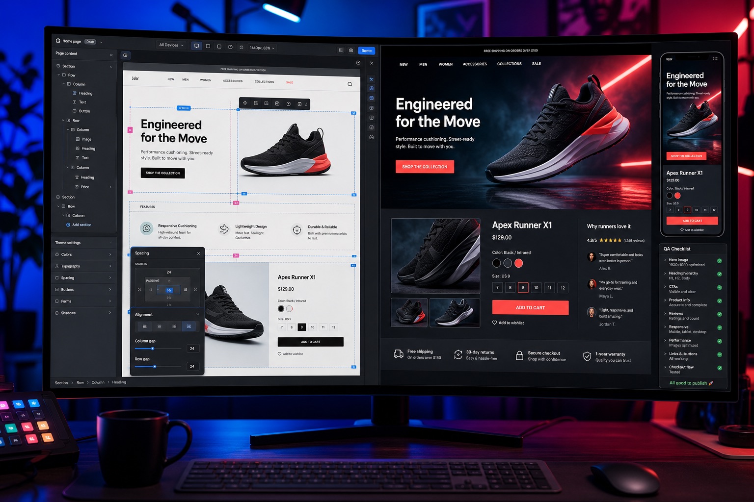 A manual drag-and-drop sneaker page builder beside a completed responsive storefront and QA checklist
