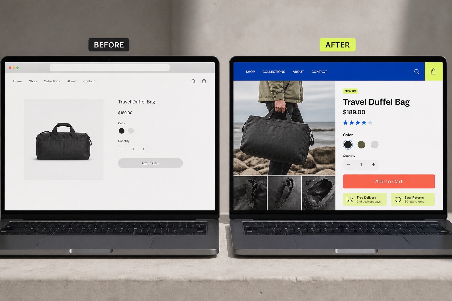 A sparse generic product page compared with a vivid and reassuring redesign