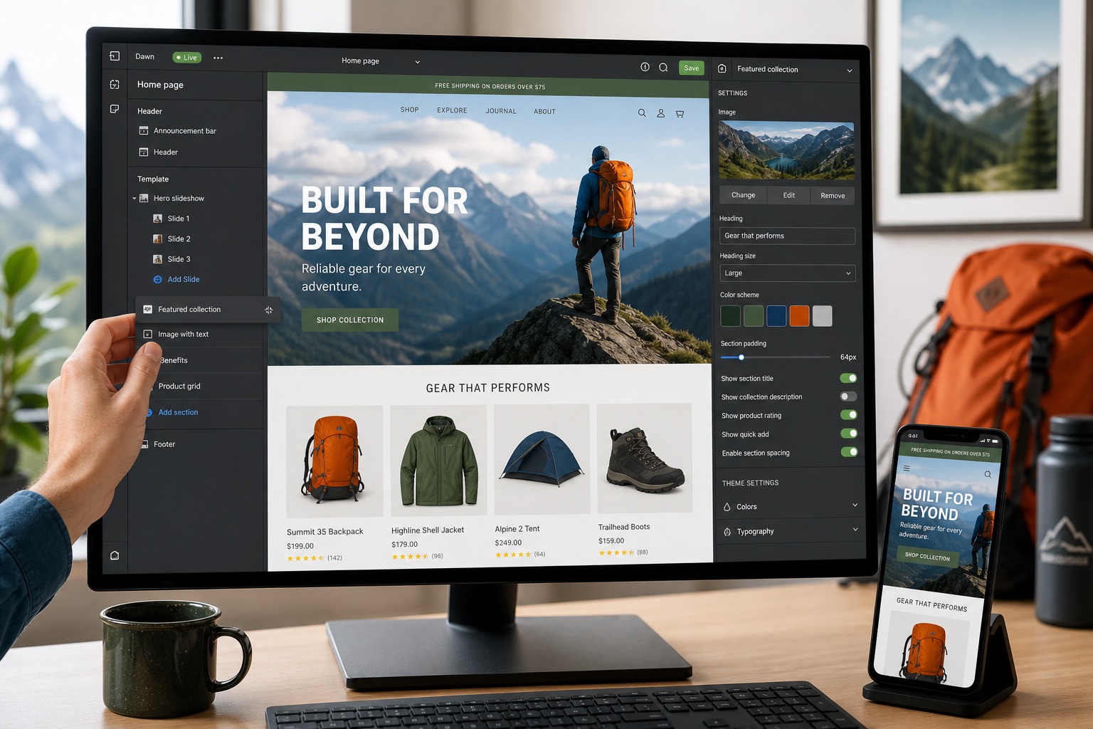 A merchant editing sections, imagery, colors, and spacing in a visual theme editor after redesign